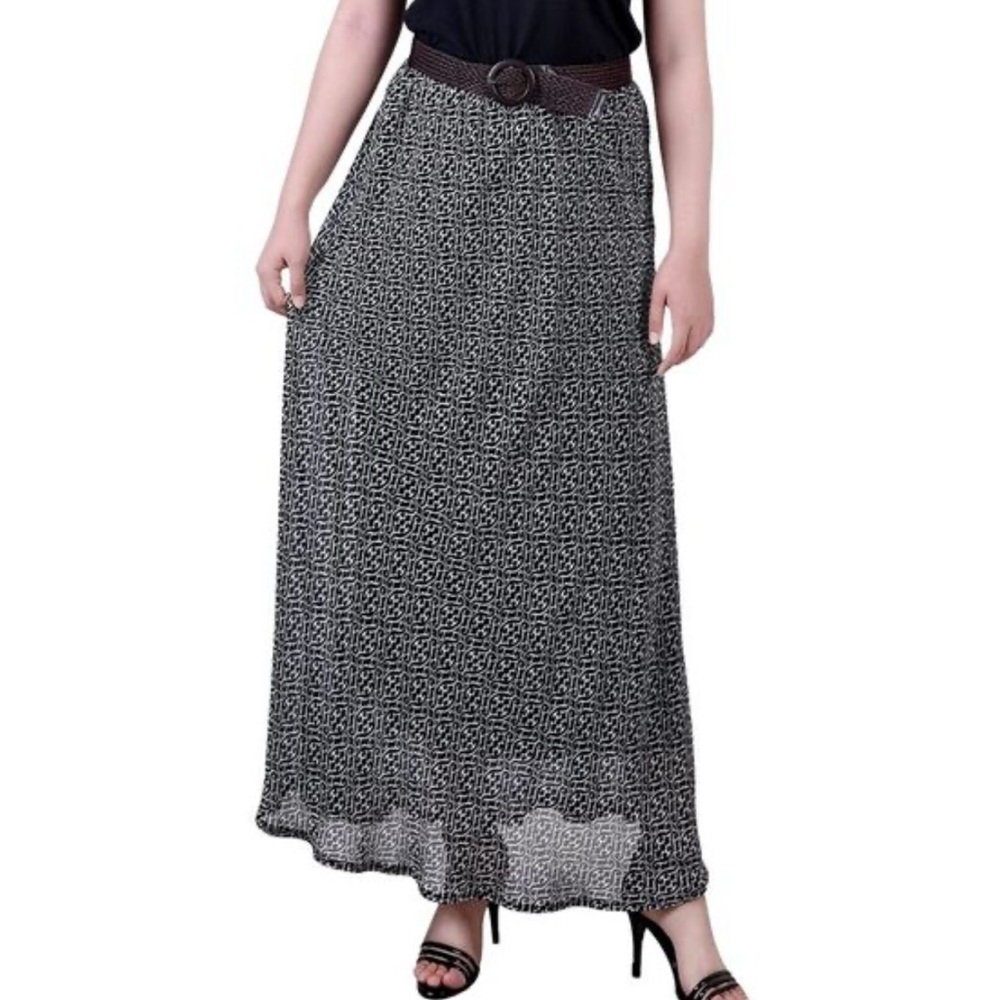 NY Collection Chiffon Lined Belted Maxi Skirt Size Petite Medium